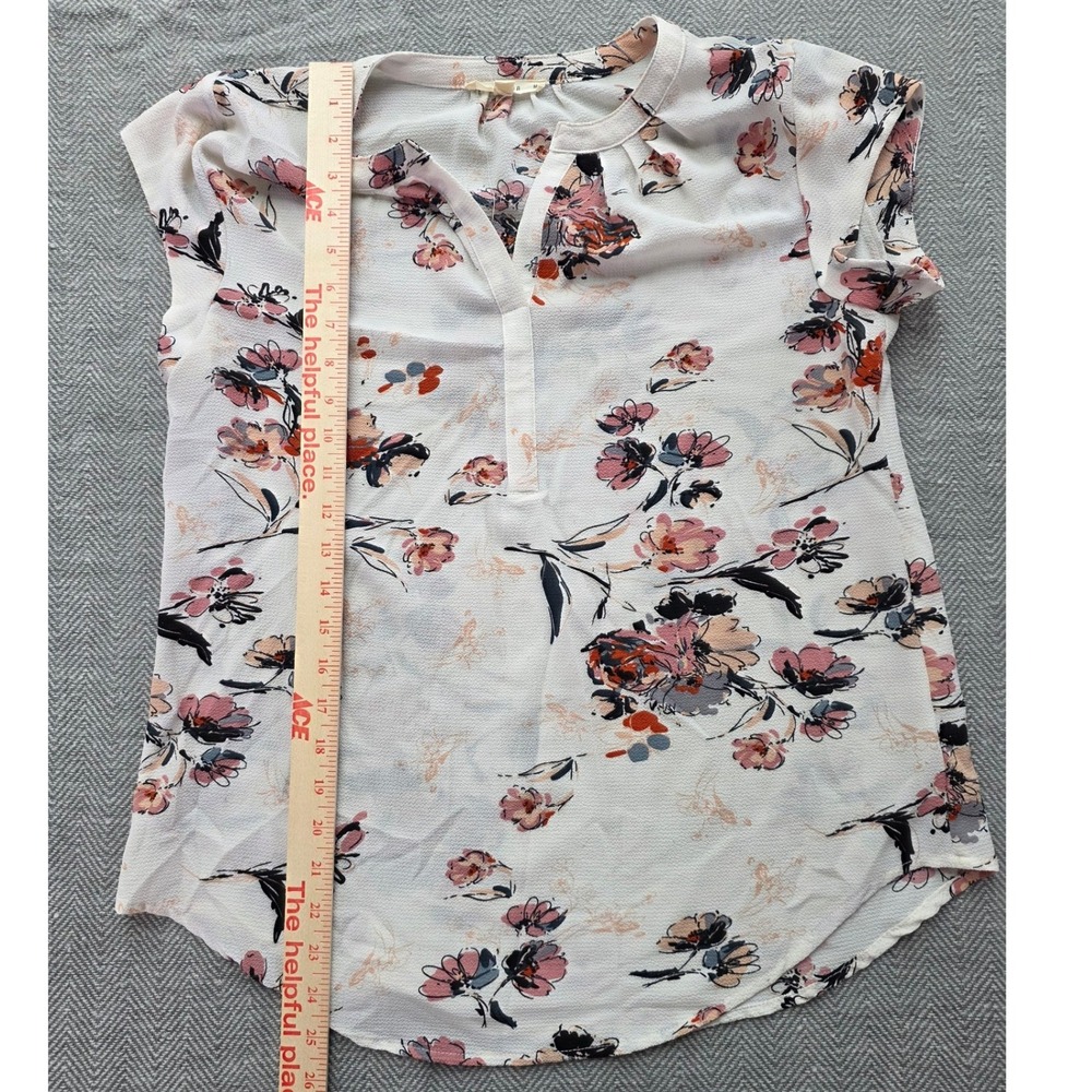 Fun2Fun Floral Cap Sleeve Split V-Neck Blouse White Pink Navy Medium